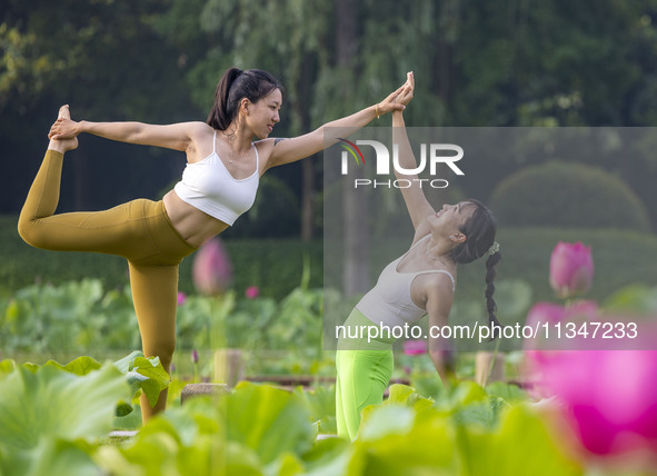 Yoga lovers are practicing yoga on the lotus pond trestle at Tiande Lake Park in Taizhou, China, on June 21, 2024. 