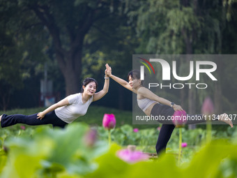 Yoga lovers are practicing yoga on the lotus pond trestle at Tiande Lake Park in Taizhou, China, on June 21, 2024. (