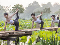 Yoga lovers are practicing yoga on the lotus pond trestle at Tiande Lake Park in Taizhou, China, on June 21, 2024. (