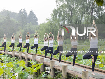 Yoga lovers are practicing yoga on the lotus pond trestle at Tiande Lake Park in Taizhou, China, on June 21, 2024. (