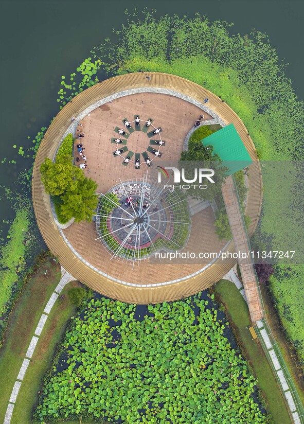 Yoga lovers are practicing yoga on the lotus pond trestle at Tiande Lake Park in Taizhou, China, on June 21, 2024. 