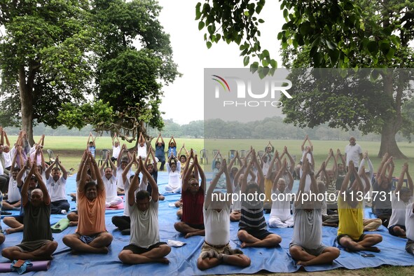 People are performing yoga on International Day of Yoga at the Brigade Parade Ground in Kolkata, India, on June 21, 2024. 