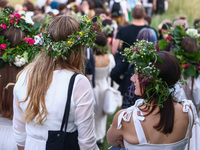 Participants celebrating the summer solstice gathered for the 'Kupala Night' by the Krakus Mound in Krakow, Poland on June 20th, 2024. The K...