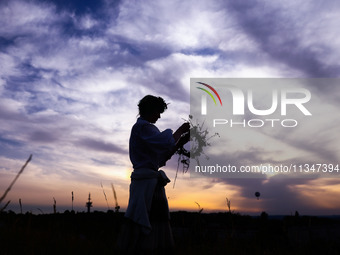 A girl is picking wild plants while celebrating the summer solstice during the 'Kupala Night' by the Krakus Mound in Krakow, Poland on June...