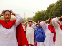 People are performing yoga on the occasion of International Yoga Day. (