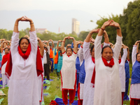 People are performing yoga on the occasion of International Yoga Day. (