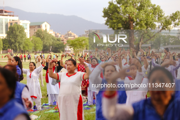 People are performing yoga on the occasion of International Yoga Day. 