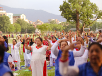 People are performing yoga on the occasion of International Yoga Day. (