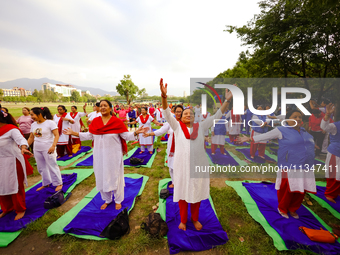 People are performing yoga on the occasion of International Yoga Day. (