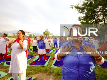 People are performing yoga on the occasion of International Yoga Day. (