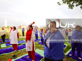 People are performing yoga on the occasion of International Yoga Day. (