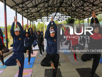 Cadets from the National Cadet Corps (NCC) are performing yoga on International Day of Yoga at Jammu Kashmir Light Infantry Regimental Cente...