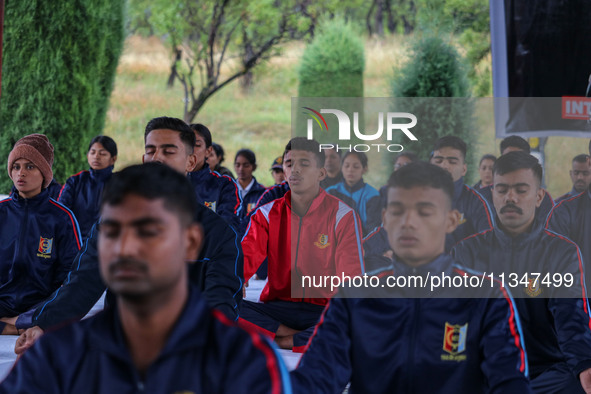 Cadets from the National Cadet Corps (NCC) are performing yoga on International Day of Yoga at Jammu Kashmir Light Infantry Regimental Cente...