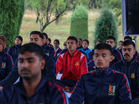 Cadets from the National Cadet Corps (NCC) are performing yoga on International Day of Yoga at Jammu Kashmir Light Infantry Regimental Cente...