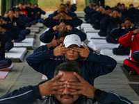 Cadets from the National Cadet Corps (NCC) are performing yoga on International Day of Yoga at Jammu Kashmir Light Infantry Regimental Cente...