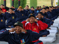 Cadets from the National Cadet Corps (NCC) are performing yoga on International Day of Yoga at Jammu Kashmir Light Infantry Regimental Cente...