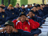 Cadets from the National Cadet Corps (NCC) are performing yoga on International Day of Yoga at Jammu Kashmir Light Infantry Regimental Cente...