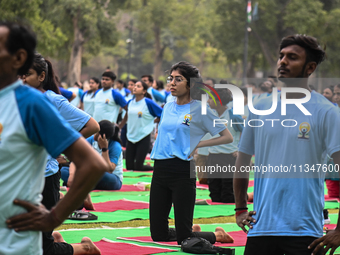 People are performing Yoga on the occasion of International Yoga Day, on the lawns of Kartavya Path, in front of India Gate, in New Delhi, I...