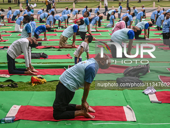 People are performing Yoga on the occasion of International Yoga Day, on the lawns of Kartavya Path, in front of India Gate, in New Delhi, I...