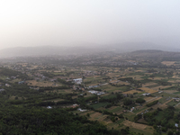 A hazy landscape is seen in an aerial drone view in L’Aquila, Italy, on June 20th, 2024. High atmospheric pressure from Africa (african anti...