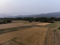 A hazy landscape is seen in an aerial drone view in L’Aquila, Italy, on June 20th, 2024. High atmospheric pressure from Africa (african anti...