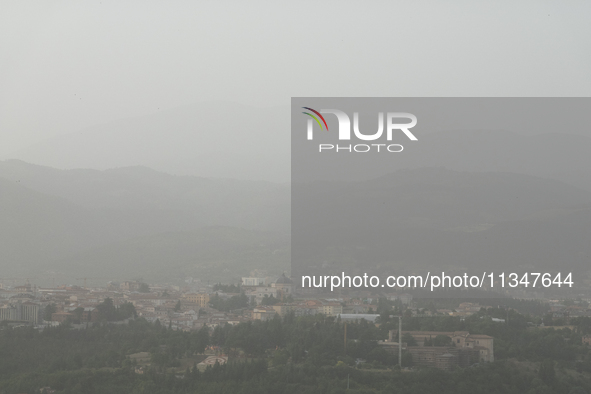 A hazy landscape is seen in L’Aquila, Italy, on June 20th, 2024. High atmospheric pressure from Africa (african anticyclone) is generating a...