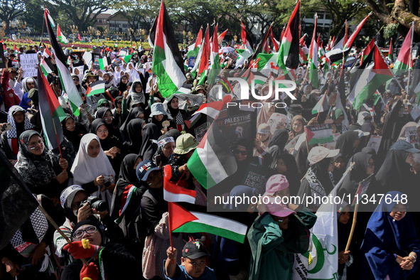 Hundreds of pro-Palestinian activists are taking part in a protest against Israel's attack on Gaza (a refugee camp) in Malang City, East Jav...