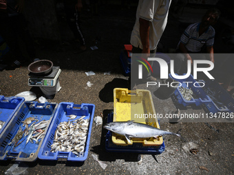 A Palestinian is displaying his wares in a market in Deir al-Balah in the central Gaza Strip, on June 21, 2024, as the conflict is continuin...