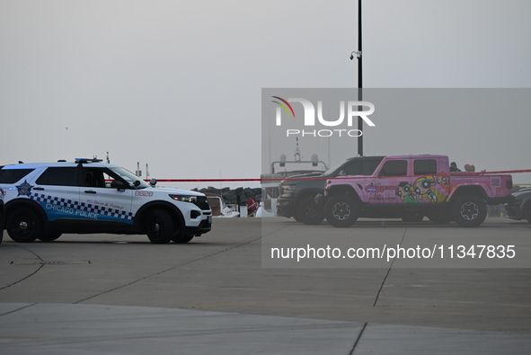 Chicago police are investigating the crime scene, which is leaving two people dead at 31st Street Harbor in Chicago, Illinois, on June 21, 2...