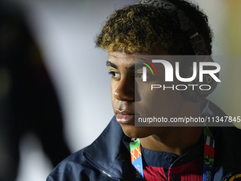 Lamine Yamal right winger of Spain and FC Barcelona  prior the UEFA EURO 2024 group stage match between Spain and Italy at Arena AufSchalke...