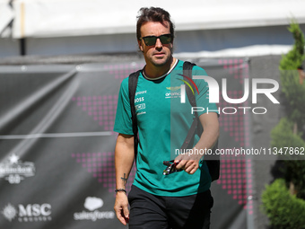 Fernando Alonso, from Aston Martin Aramco Formula One Team, is arriving at the Barcelona Catalunya circuit, in Barcelona, Spain, on June 21,...