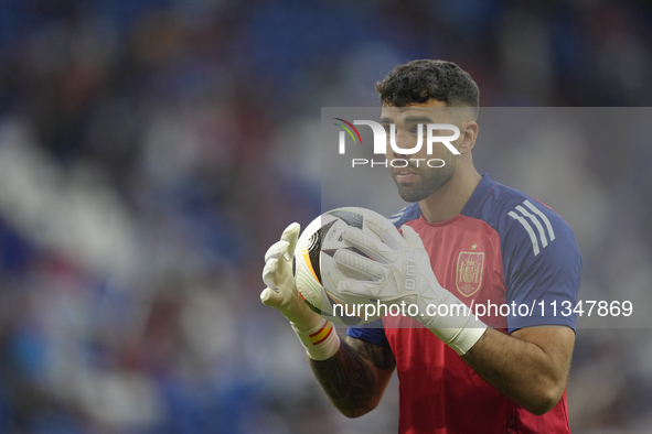 David Raya goalkeeper of Spain and Arsenal FC during the warm-up before the UEFA EURO 2024 group stage match between Spain and Italy at Aren...