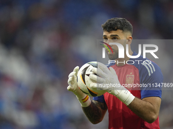 David Raya goalkeeper of Spain and Arsenal FC during the warm-up before the UEFA EURO 2024 group stage match between Spain and Italy at Aren...