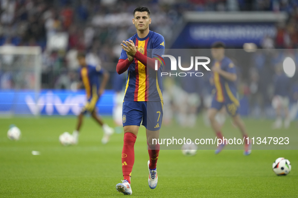 Alvaro Morata centre-forward of Spain and Atletico de Madrid during the warm-up before the UEFA EURO 2024 group stage match between Spain an...