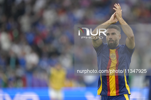 Daniel Carvajal right-back of Spain and Real Madrid during the warm-up before the UEFA EURO 2024 group stage match between Spain and Italy a...