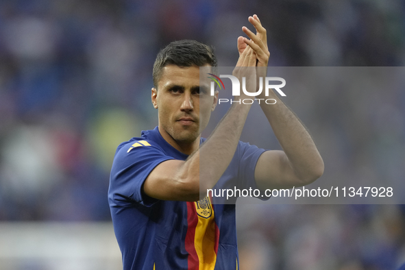 Rodrigo Hernandez defensive midfield of Spain and Manchester City during the warm-up before the UEFA EURO 2024 group stage match between Spa...