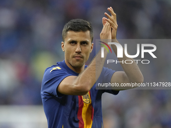 Rodrigo Hernandez defensive midfield of Spain and Manchester City during the warm-up before the UEFA EURO 2024 group stage match between Spa...