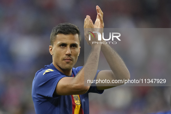 Rodrigo Hernandez defensive midfield of Spain and Manchester City during the warm-up before the UEFA EURO 2024 group stage match between Spa...