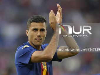 Rodrigo Hernandez defensive midfield of Spain and Manchester City during the warm-up before the UEFA EURO 2024 group stage match between Spa...