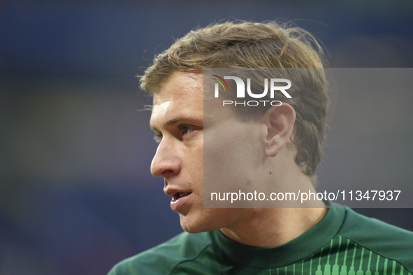 Nicolo Barella central midfield of Italy and Inter Milan during the warm-up before the UEFA EURO 2024 group stage match between Spain and It...