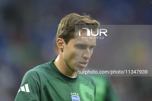 Riccardo Calafiori centre-back of Italy and Bologna FC 1909 during the warm-up before the UEFA EURO 2024 group stage match between Spain and...