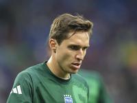 Riccardo Calafiori centre-back of Italy and Bologna FC 1909 during the warm-up before the UEFA EURO 2024 group stage match between Spain and...