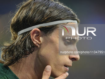 Riccardo Calafiori centre-back of Italy and Bologna FC 1909 during the warm-up before the UEFA EURO 2024 group stage match between Spain and...