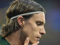 Riccardo Calafiori centre-back of Italy and Bologna FC 1909 during the warm-up before the UEFA EURO 2024 group stage match between Spain and...