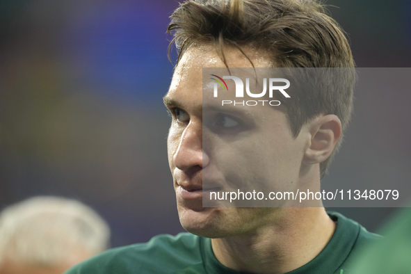 Federico Chiesa left winger of Italy and Juventus FC during the warm-up before the UEFA EURO 2024 group stage match between Spain and Italy...