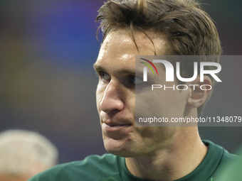 Federico Chiesa left winger of Italy and Juventus FC during the warm-up before the UEFA EURO 2024 group stage match between Spain and Italy...