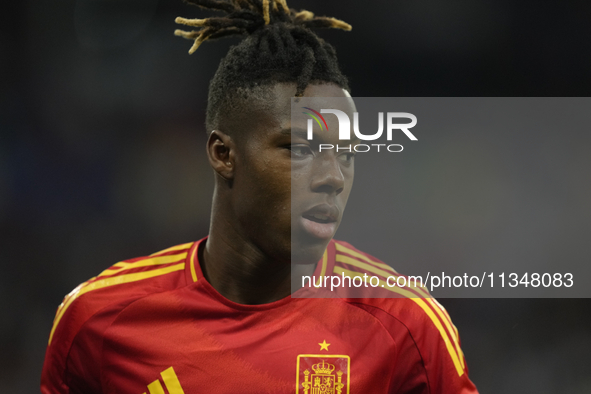 Nico Williams left winger of Spain and Athletic Club Bilbao during the UEFA EURO 2024 group stage match between Spain and Italy at Arena Auf...