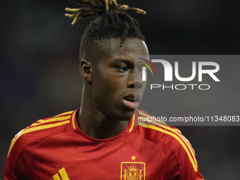 Nico Williams left winger of Spain and Athletic Club Bilbao during the UEFA EURO 2024 group stage match between Spain and Italy at Arena Auf...