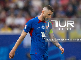 Milan Skriniar of Slovakia is looking on  during the UEFA EURO 2024 group stage match between Slovakia and Ukraine at Dusseldorf Arena on Ju...