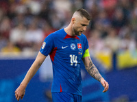 Milan Skriniar of Slovakia is looking on  during the UEFA EURO 2024 group stage match between Slovakia and Ukraine at Dusseldorf Arena on Ju...